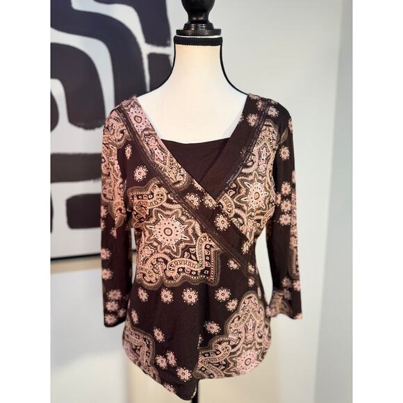 Style & Co. Petite Brown Pink Paisley Faux Wrap Top – Size L - Picture 2 of 9